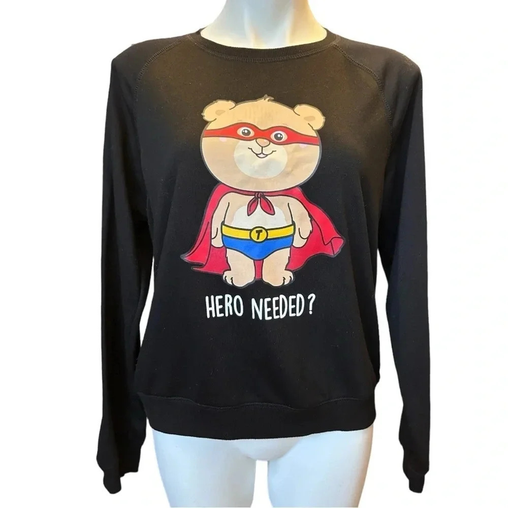 RARE FB Sister Black Graphic Sweater Sweatshirt front text Hero Needed?